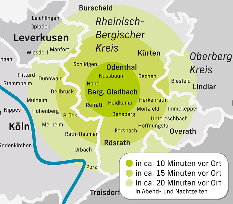 Alarm-Intervention: DIese Karte zeigt, in welcher Zeit CSM vor Ort ist
